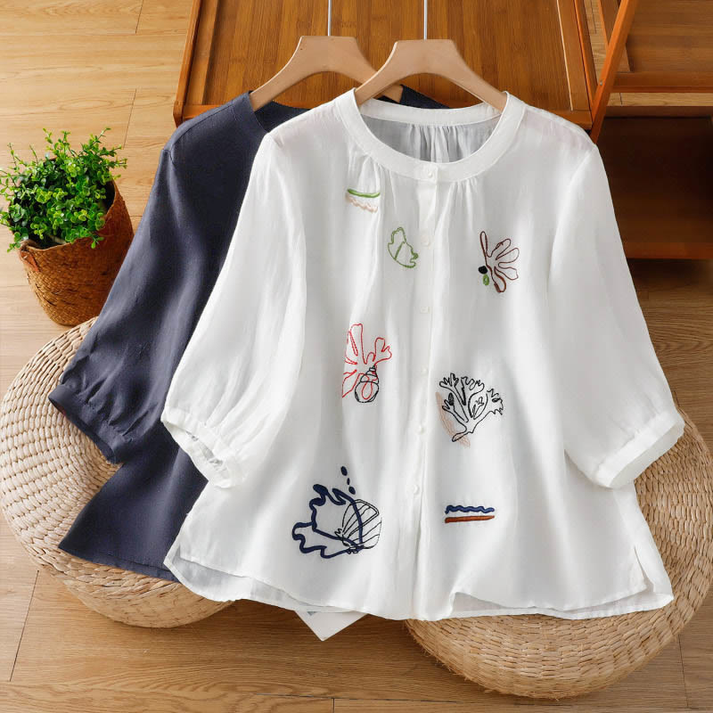 Buddha Stones コーラルひょうたん柄クルーネック半袖レディースポリエステルシャツ - image 18