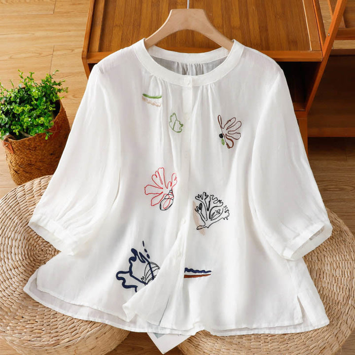 Buddha Stones コーラルひょうたん柄クルーネック半袖レディースポリエステルシャツ - 薄手生地 ホワイト - US8-10，UK/AU12-14，EU40-42 (2XL) - image 8