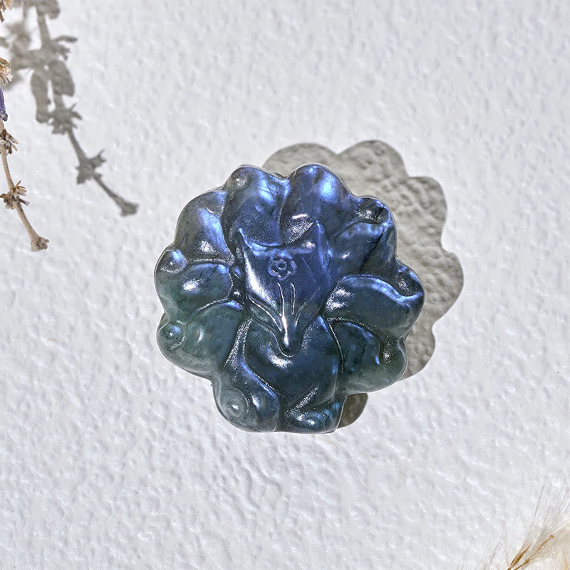 Buddha Stones 彫刻された九尾の狐のラブラドライトの置物 知恵の癒しの彫像装飾 - image 2