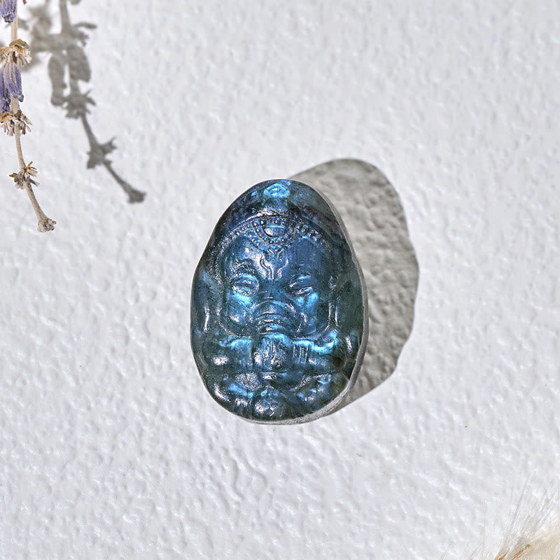 Buddha Stones ガネーシャ象の置物 天然ラブラドライト 癒しの守護像 室内装飾 - image 1