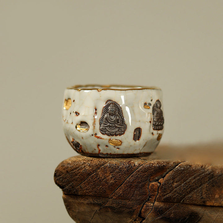 Buddha Stones 手描きの敦煌仏志野陶器ティーカップカンフーティーカップ - 小さな丸型カップ 5cm×4cm×50ml - image 10