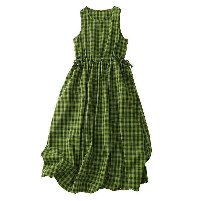 Buddha Stones ポケット付きノースリーブチェック柄サマーミディド​​レス - image 2