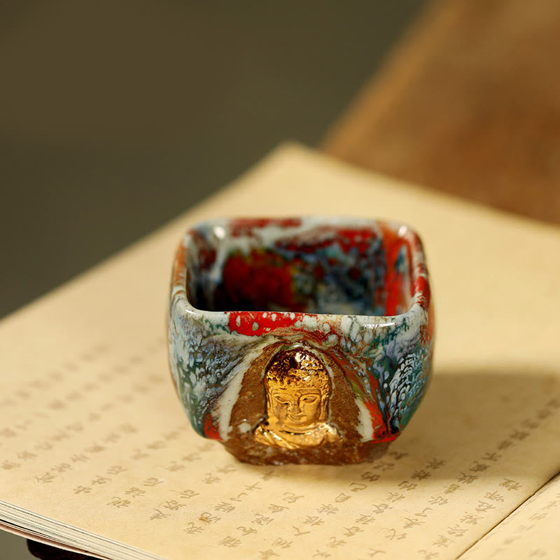 Buddha Stones 手描きの敦煌瞑想仏志野陶器ティーカップカンフーティーカップ - 仏陀 7cm*5.5cm*125ml - image 7