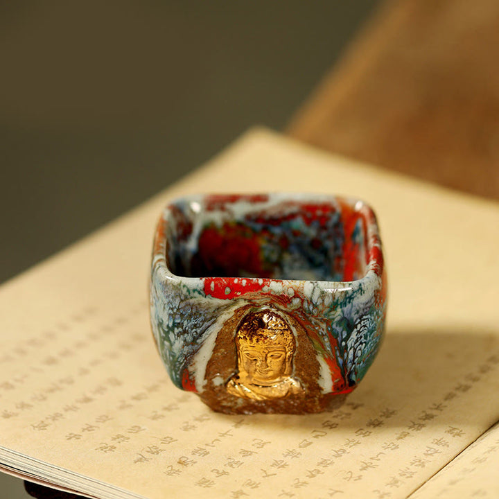 Buddha Stones 手描きの敦煌瞑想仏志野陶器ティーカップカンフーティーカップ - 仏陀 7cm*5.5cm*125ml - image 7