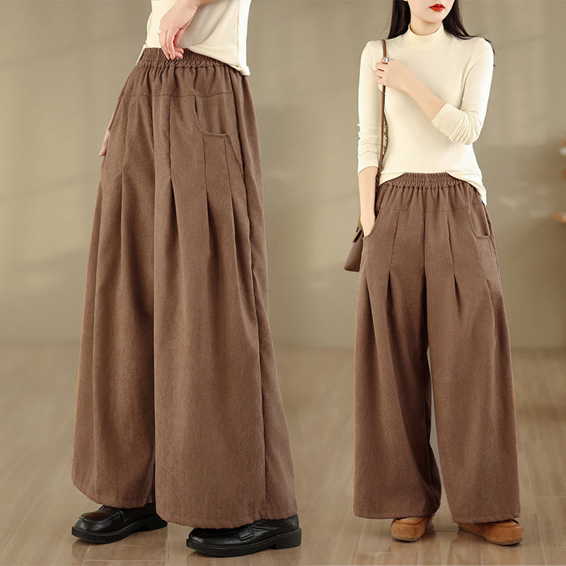 Buddha Stones 春のプレーンブラウンコーデュロイレディースワイドレッグパンツ（ポケット付き） - ペルー - US8-10，UK/AU12-14，EU40-42 (2XL) - image 0