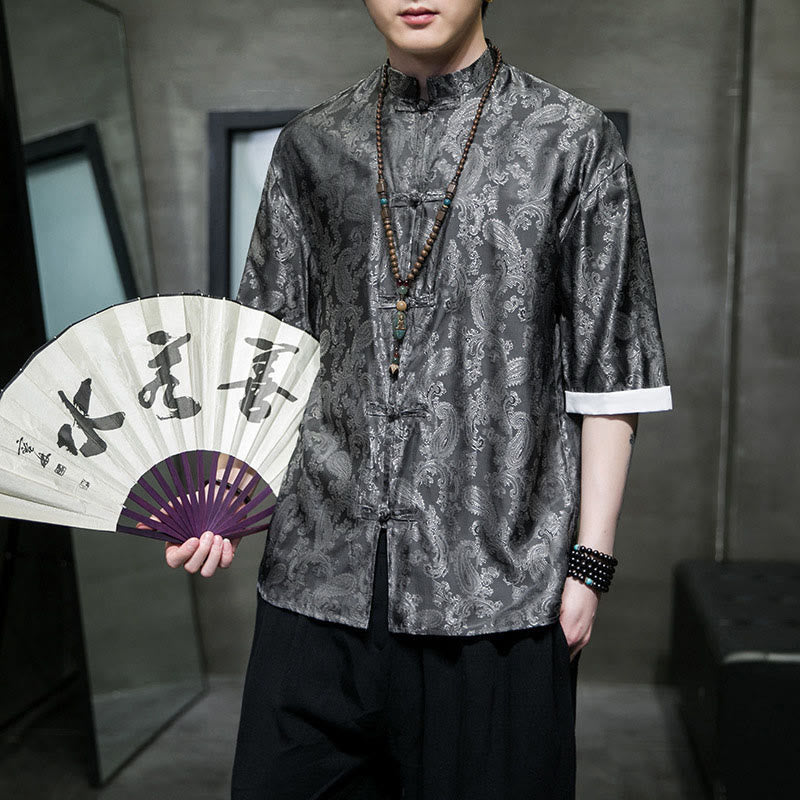 Buddha Stones 夏用カシューナッツフラワー柄メンズフロッグボタン半袖シャツ - グレー - US/UK/AU46、 EU56 (5XL) - image 0