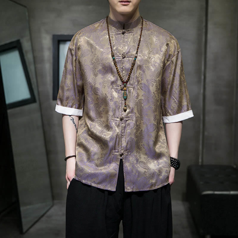 Buddha Stones 夏用カシューナッツフラワー柄メンズフロッグボタン半袖シャツ - タン - US/UK/AU46、 EU56 (5XL) - image 39