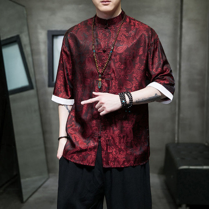 Buddha Stones 夏用カシューナッツフラワー柄メンズフロッグボタン半袖シャツ - マルーン - US/UK/AU46、 EU56 (5XL) - image 19