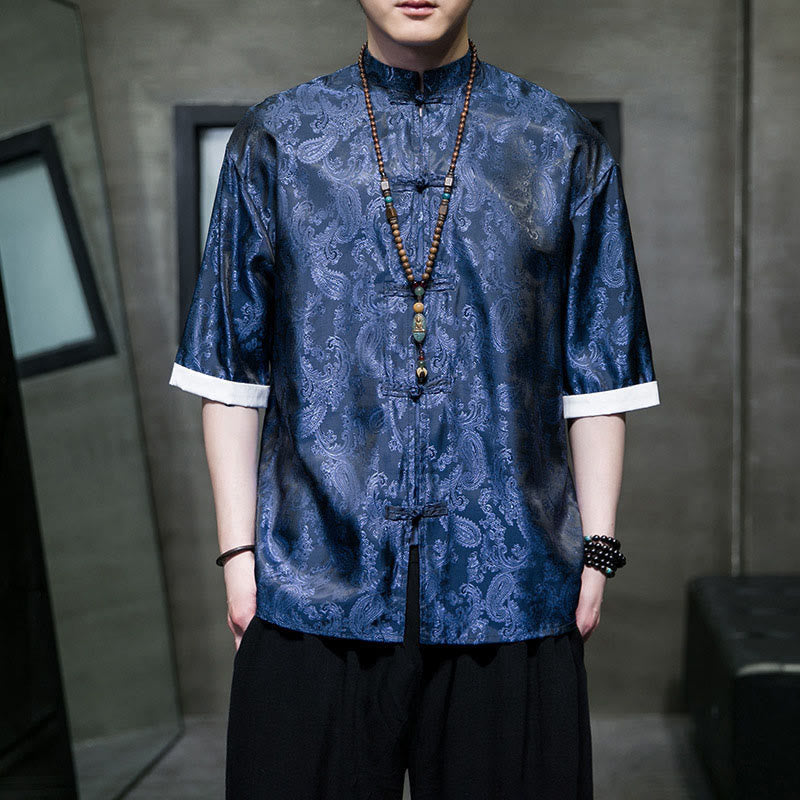 Buddha Stones 夏用カシューナッツフラワー柄メンズフロッグボタン半袖シャツ - ロイヤルブルー - US/UK/AU46、 EU56 (5XL) - image 28