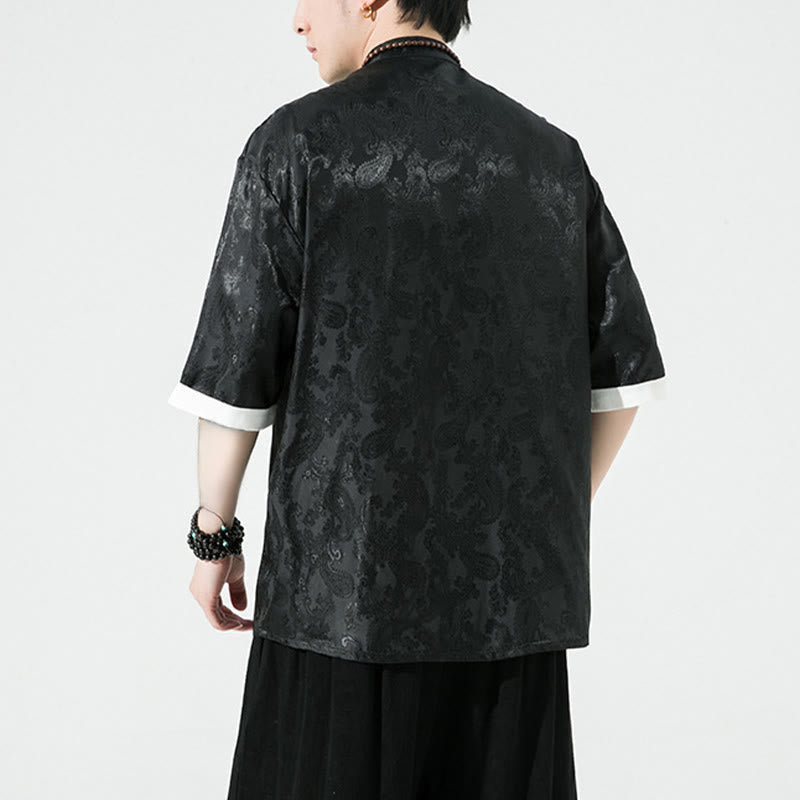 Buddha Stones 夏用カシューナッツフラワー柄メンズフロッグボタン半袖シャツ - image 13