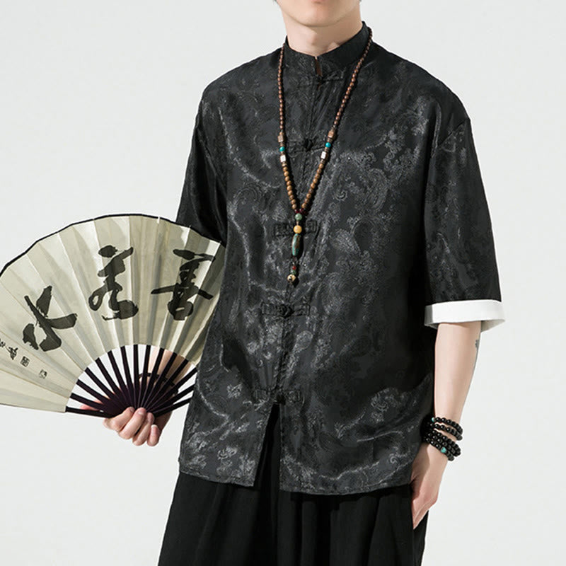 Buddha Stones 夏用カシューナッツフラワー柄メンズフロッグボタン半袖シャツ - image 11