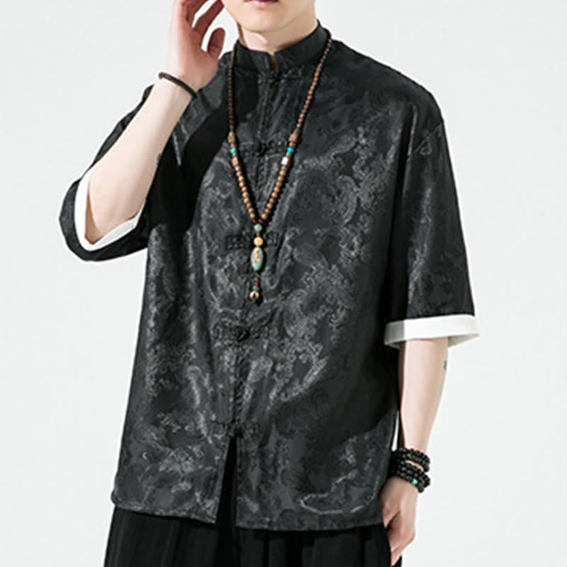 Buddha Stones 夏用カシューナッツフラワー柄メンズフロッグボタン半袖シャツ - image 17