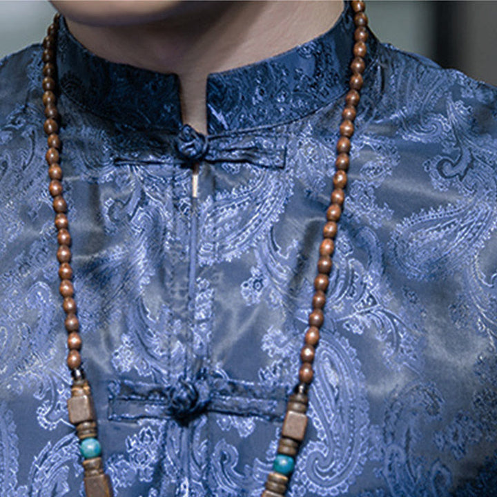 Buddha Stones 夏用カシューナッツフラワー柄メンズフロッグボタン半袖シャツ - image 36