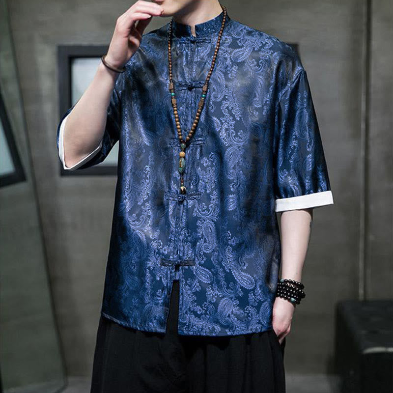 Buddha Stones 夏用カシューナッツフラワー柄メンズフロッグボタン半袖シャツ - image 31