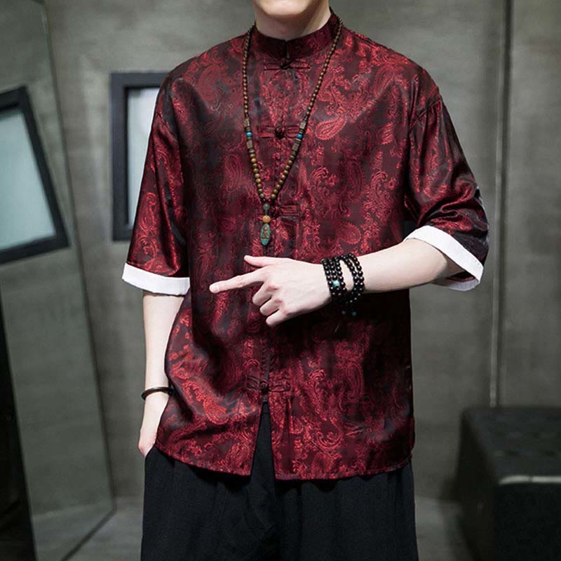 Buddha Stones 夏用カシューナッツフラワー柄メンズフロッグボタン半袖シャツ - image 21
