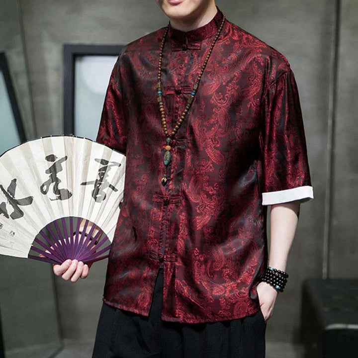 Buddha Stones 夏用カシューナッツフラワー柄メンズフロッグボタン半袖シャツ - image 20