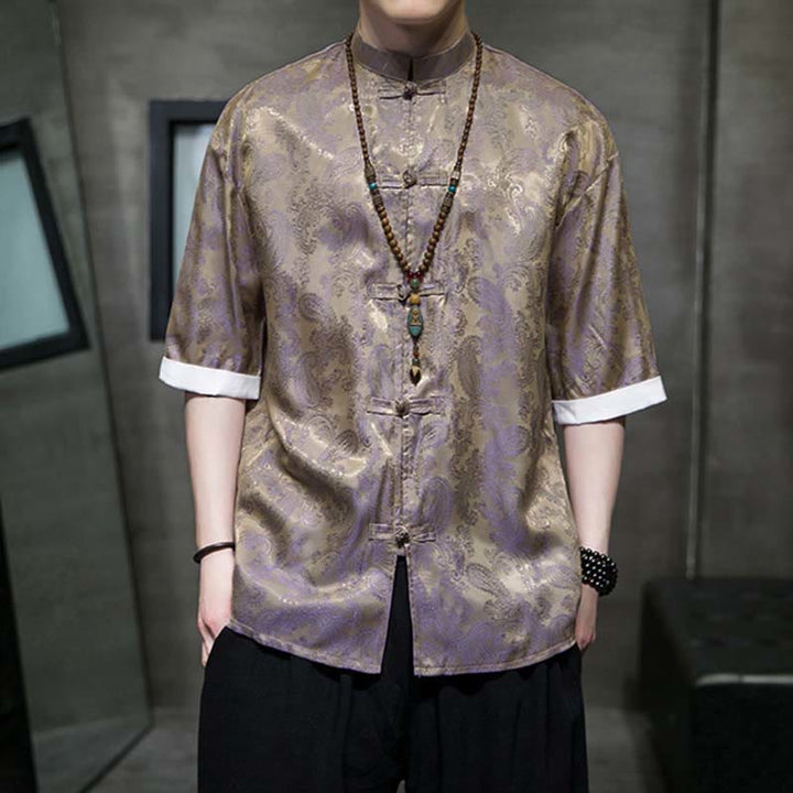 Buddha Stones 夏用カシューナッツフラワー柄メンズフロッグボタン半袖シャツ - image 43