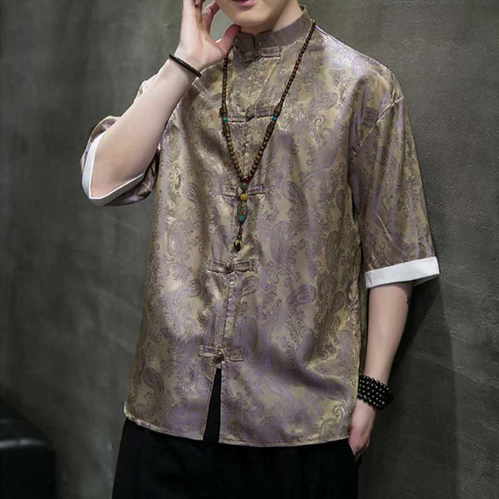 Buddha Stones 夏用カシューナッツフラワー柄メンズフロッグボタン半袖シャツ - image 40