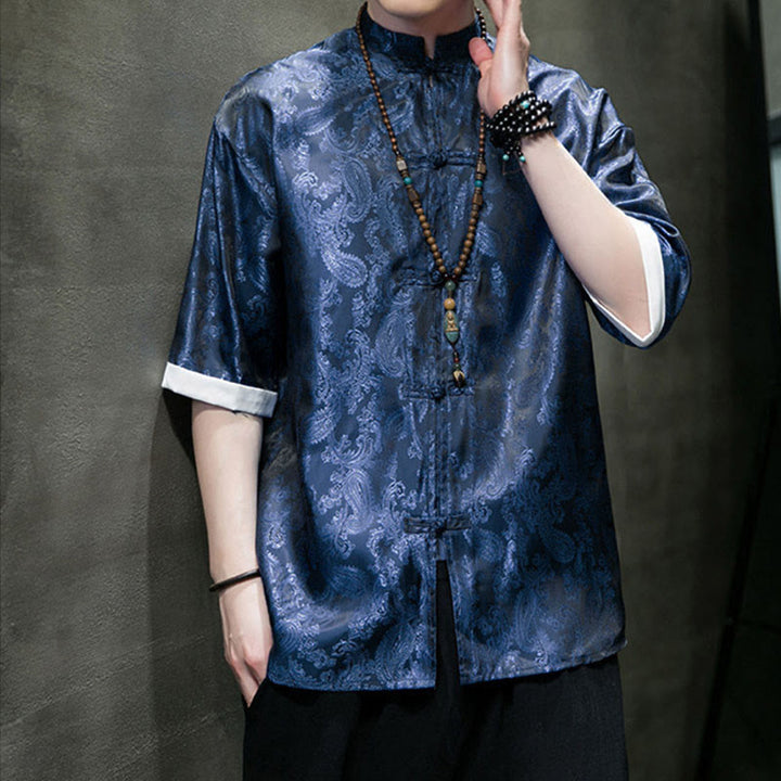 Buddha Stones 夏用カシューナッツフラワー柄メンズフロッグボタン半袖シャツ - image 34