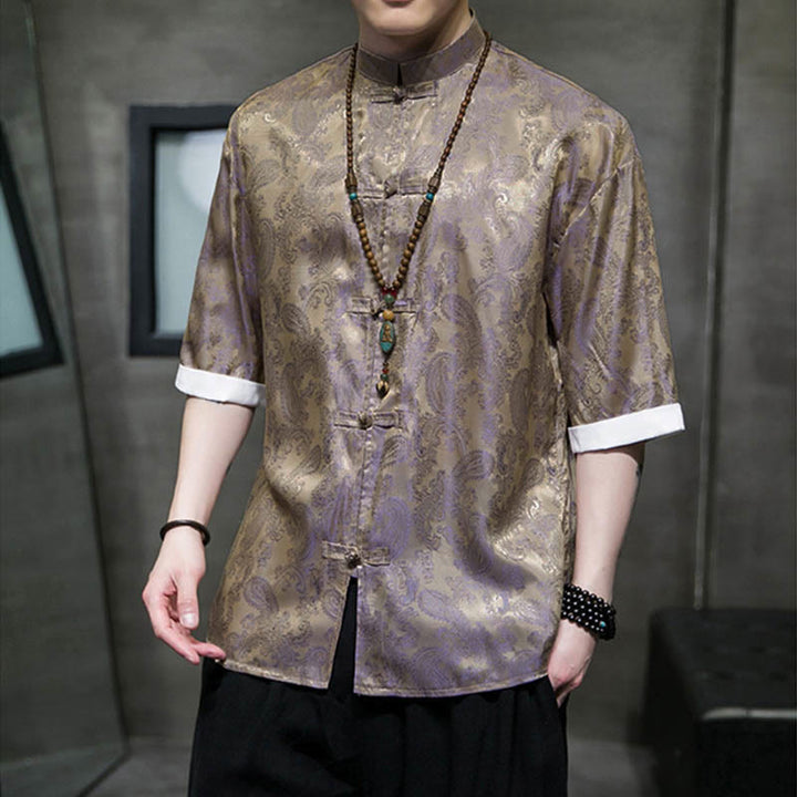 Buddha Stones 夏用カシューナッツフラワー柄メンズフロッグボタン半袖シャツ - image 45