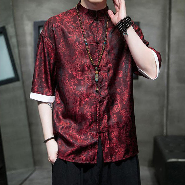 Buddha Stones 夏用カシューナッツフラワー柄メンズフロッグボタン半袖シャツ - image 24
