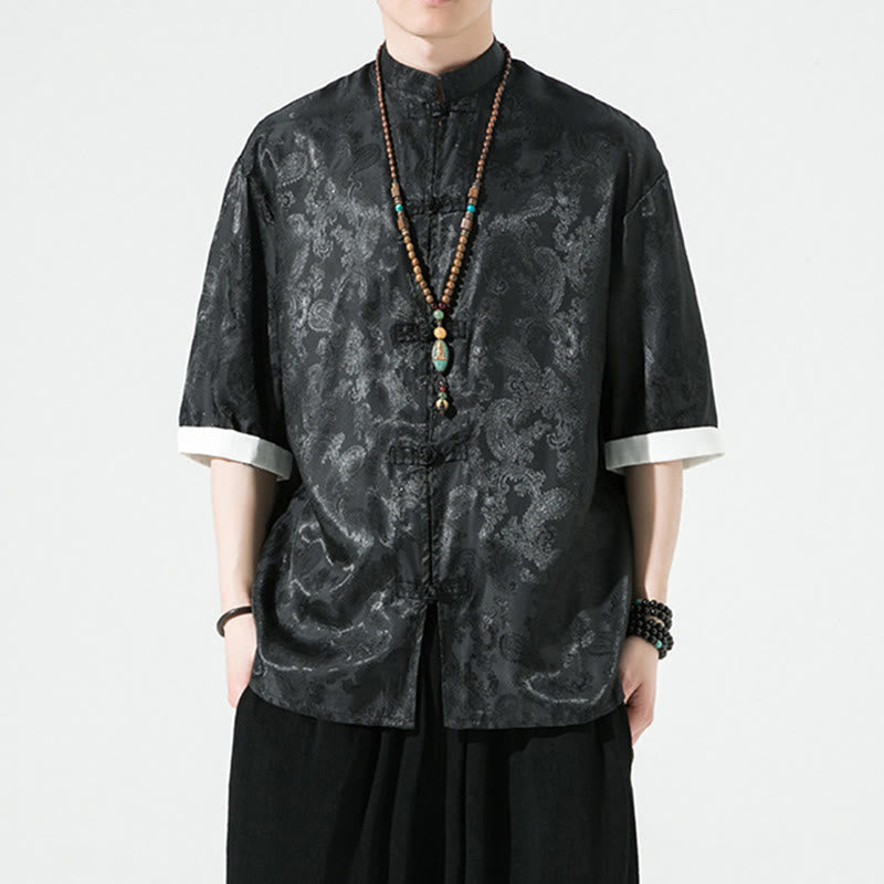 Buddha Stones 夏用カシューナッツフラワー柄メンズフロッグボタン半袖シャツ - image 15
