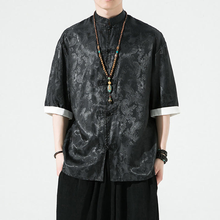 Buddha Stones 夏用カシューナッツフラワー柄メンズフロッグボタン半袖シャツ - image 15