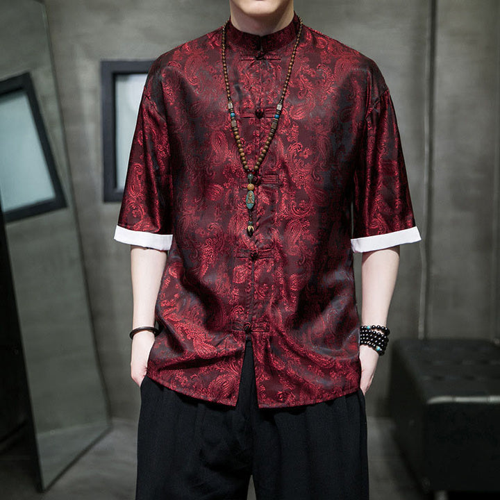 Buddha Stones 夏用カシューナッツフラワー柄メンズフロッグボタン半袖シャツ - image 25