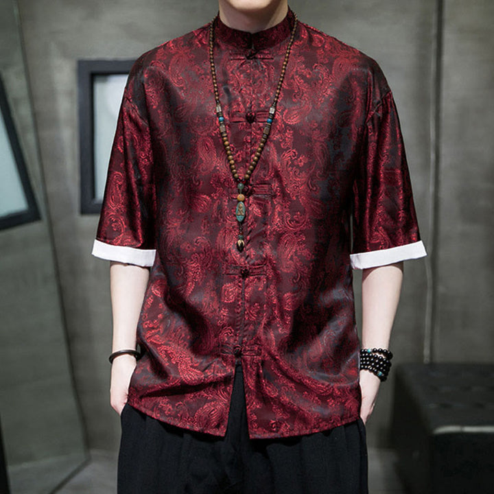 Buddha Stones 夏用カシューナッツフラワー柄メンズフロッグボタン半袖シャツ - image 27