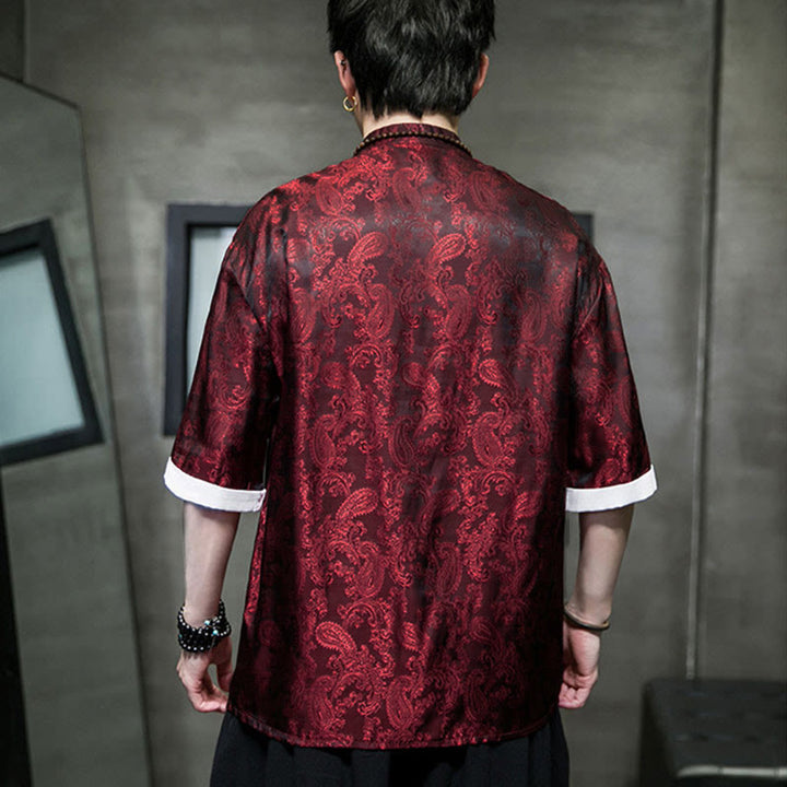 Buddha Stones 夏用カシューナッツフラワー柄メンズフロッグボタン半袖シャツ - image 23