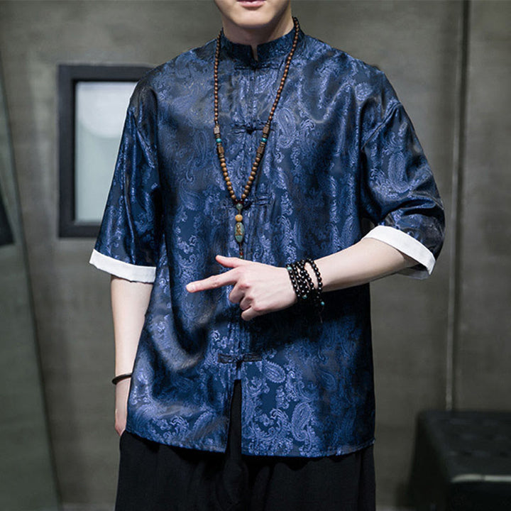 Buddha Stones 夏用カシューナッツフラワー柄メンズフロッグボタン半袖シャツ - image 35