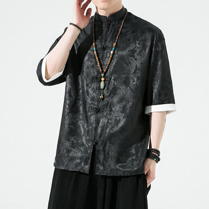 Buddha Stones 夏用カシューナッツフラワー柄メンズフロッグボタン半袖シャツ - image 14