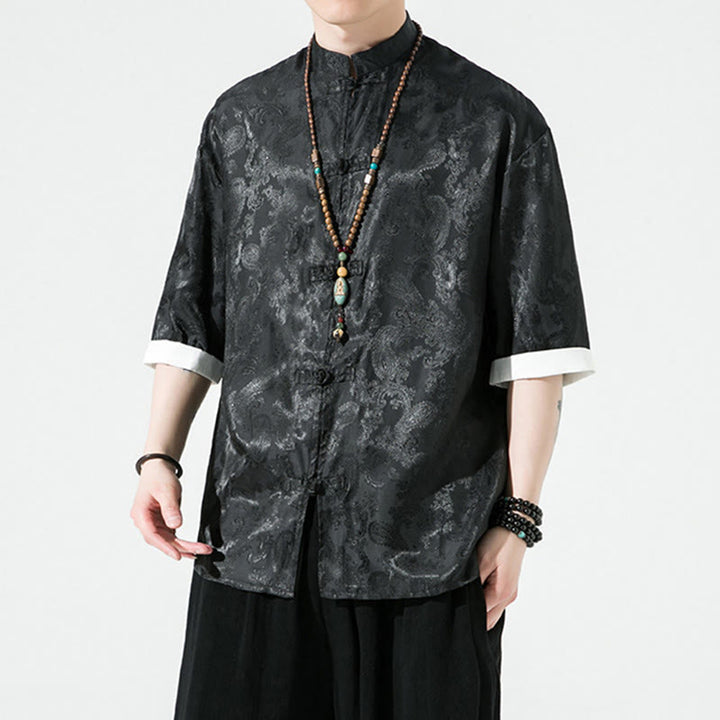 Buddha Stones 夏用カシューナッツフラワー柄メンズフロッグボタン半袖シャツ - image 12