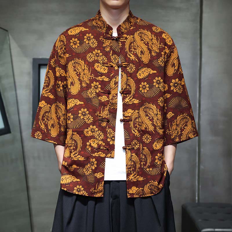 Buddha Stones 春のカエルボタン龍山花七分袖唐装メンズシャツポケット付き - ペルー - US/UK/AU44、EU54 (5XL) - image 0