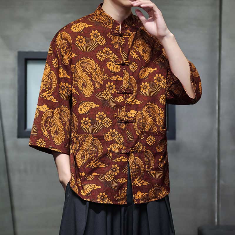 Buddha Stones 春のカエルボタン龍山花七分袖唐装メンズシャツポケット付き - image 1