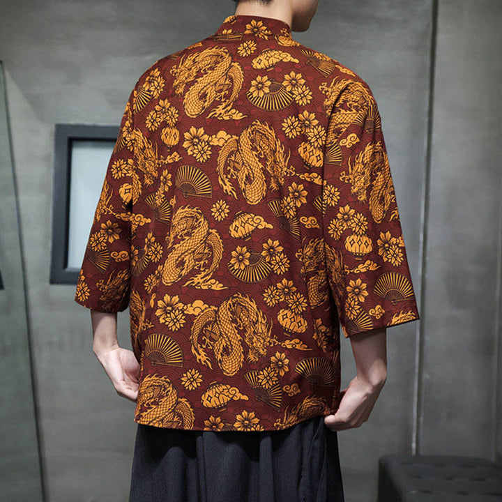 Buddha Stones 春のカエルボタン龍山花七分袖唐装メンズシャツポケット付き - image 4