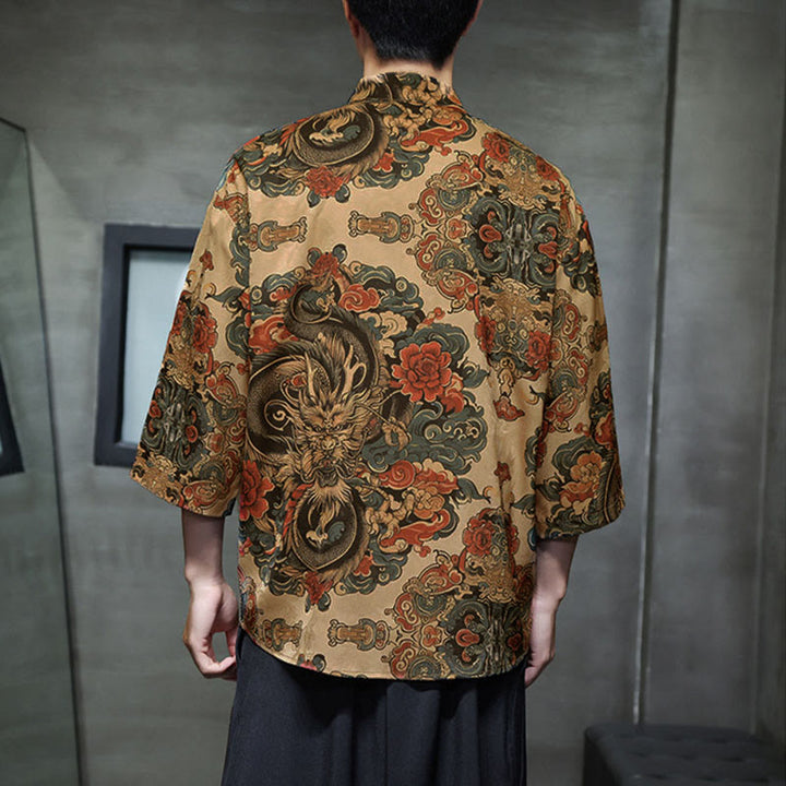 Buddha Stones 春のカエルボタン龍山花七分袖唐装メンズシャツポケット付き - image 13