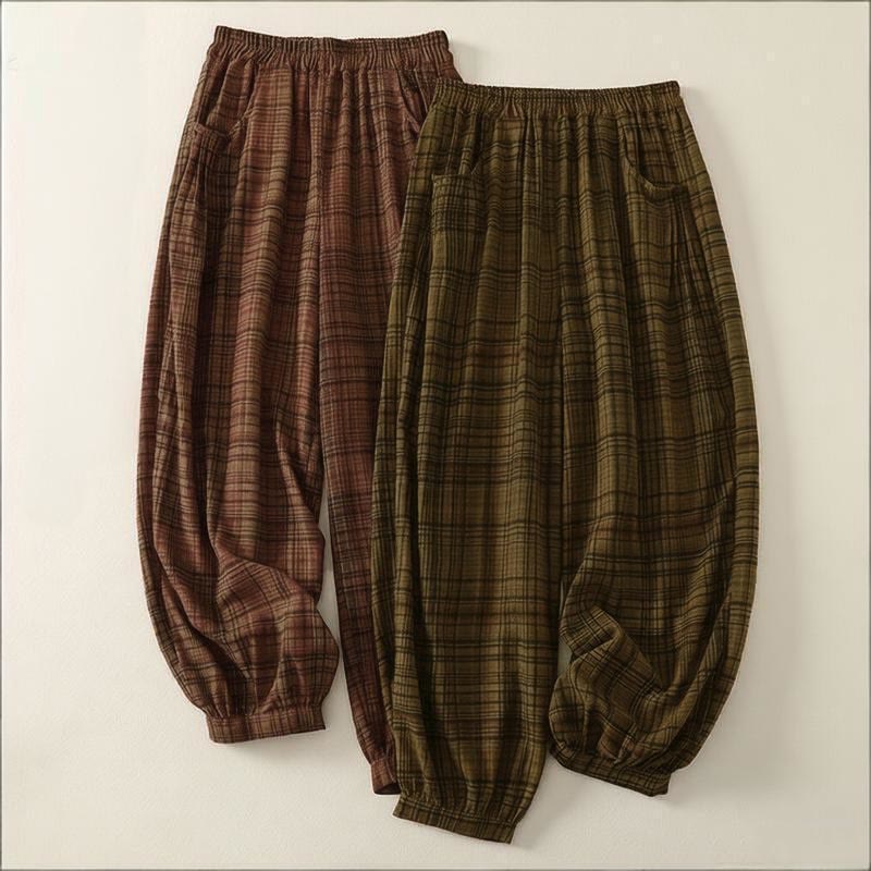 Buddha Stones 春のチェック柄デザイン レディース ハーレムパンツ 7-8丈 ポケット付き - image 13