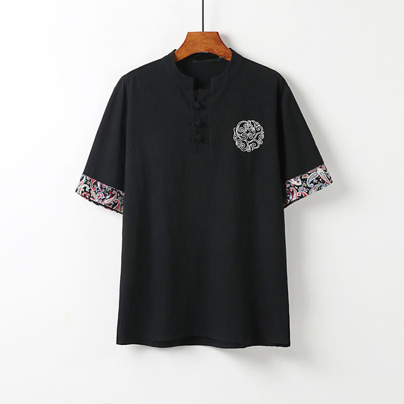 Buddha Stones 夏用カエルボタン 吉兆雲 刺繍デザイン 半袖 コットンリネン メンズシャツ - 黒 - US/UK/AU54、 EU64 (9XL) - image 10