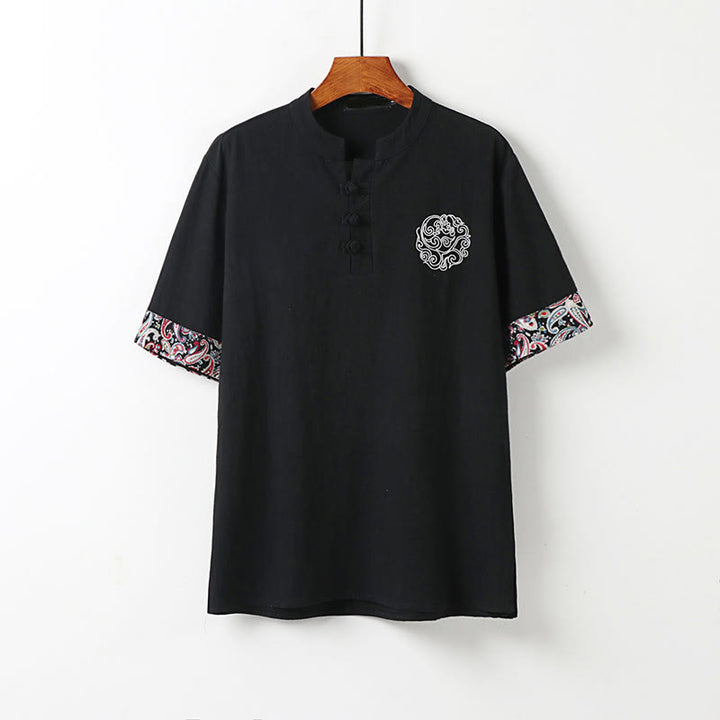 Buddha Stones 夏用カエルボタン 吉兆雲 刺繍デザイン 半袖 コットンリネン メンズシャツ - 黒 - US/UK/AU54、 EU64 (9XL) - image 10