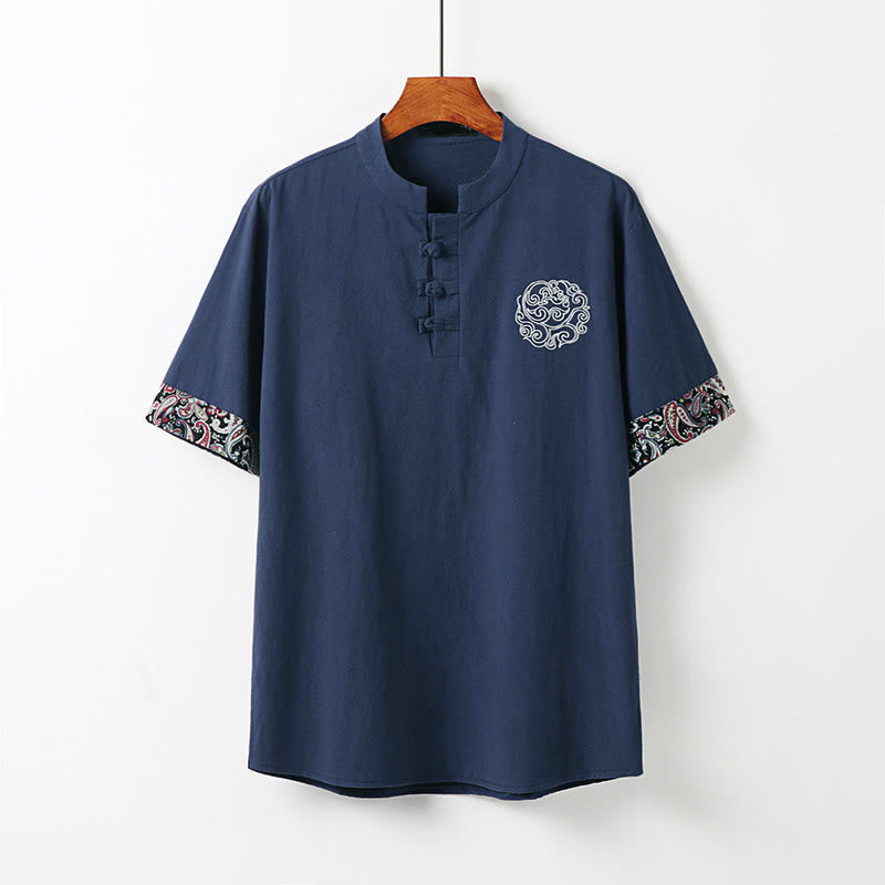 Buddha Stones 夏用カエルボタン 吉兆雲 刺繍デザイン 半袖 コットンリネン メンズシャツ - スティールブルー - US/UK/AU54、 EU64 (9XL) - image 11
