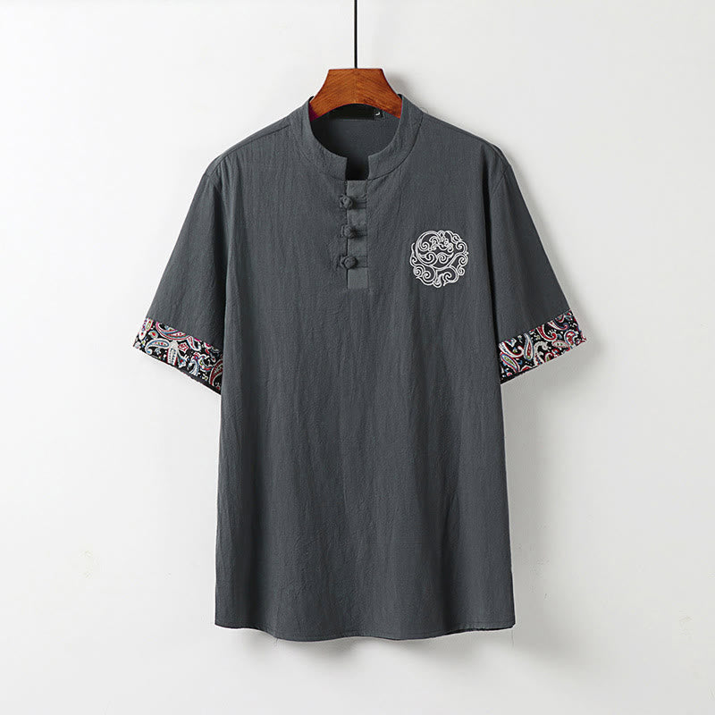 Buddha Stones 夏用カエルボタン 吉兆雲 刺繍デザイン 半袖 コットンリネン メンズシャツ - グレー - US/UK/AU54、 EU64 (9XL) - image 9