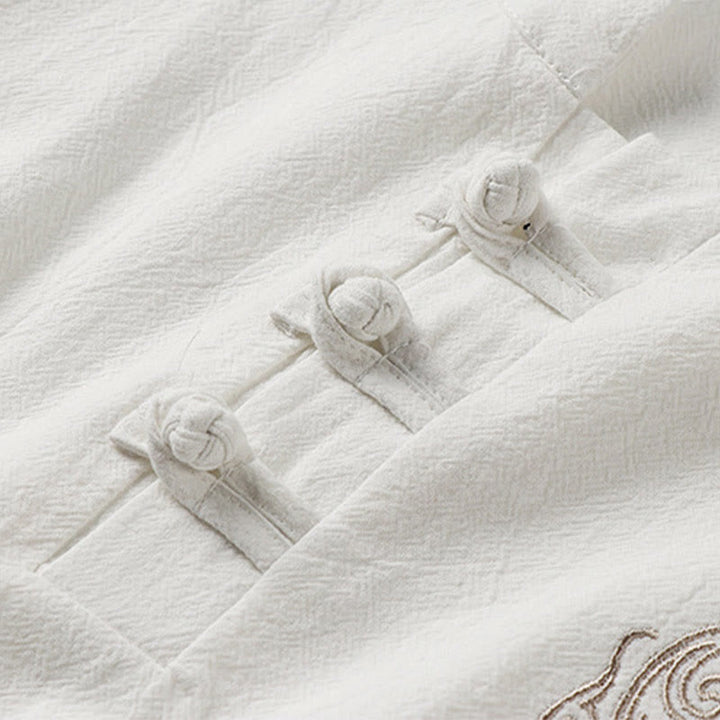 Buddha Stones 夏用カエルボタン 吉兆雲 刺繍デザイン 半袖 コットンリネン メンズシャツ - image 3