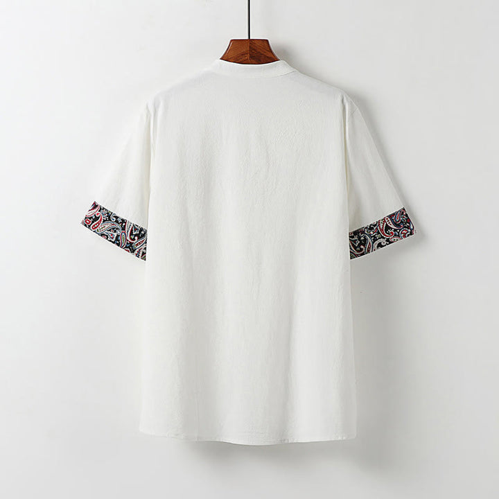 Buddha Stones 夏用カエルボタン 吉兆雲 刺繍デザイン 半袖 コットンリネン メンズシャツ - image 1