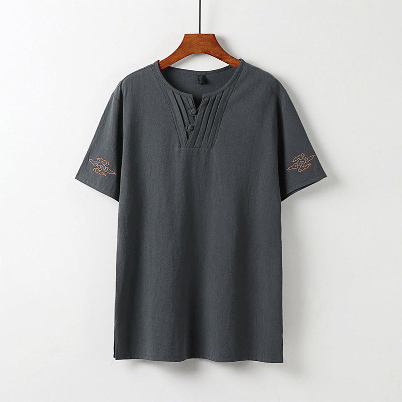Buddha Stones 夏 Vネック フロッグボタン 半袖 雲 刺繍 コットンリネン メンズシャツ - グレー - US/UK/AU54、 EU64 (9XL) - image 2
