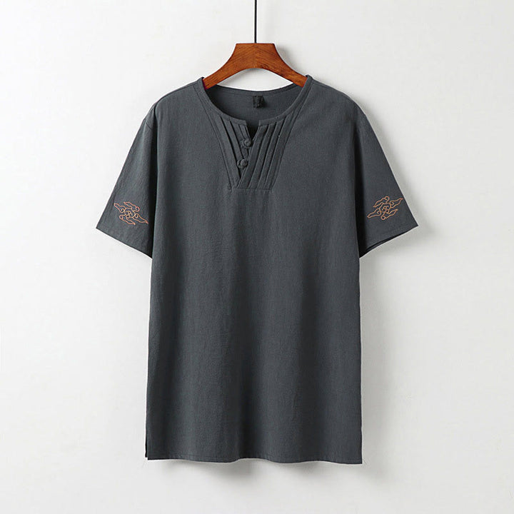 Buddha Stones 夏 Vネック フロッグボタン 半袖 雲 刺繍 コットンリネン メンズシャツ - グレー - US/UK/AU54、 EU64 (9XL) - image 2