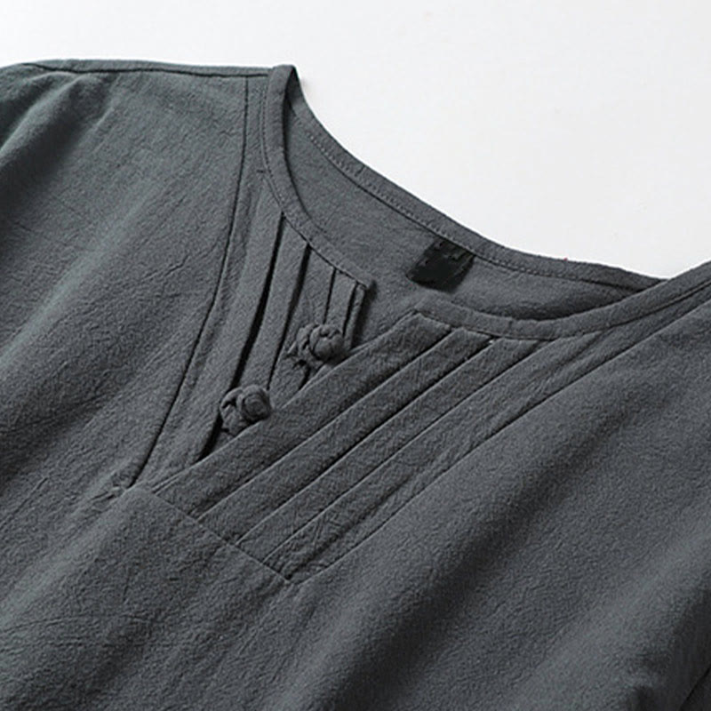 Buddha Stones 夏 Vネック フロッグボタン 半袖 雲 刺繍 コットンリネン メンズシャツ - image 4