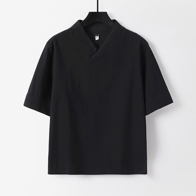 Buddha Stones 夏用シンプルVネック半袖コットンリネンメンズシャツ - 黒 - US/UK/AU54、 EU64 (9XL) - image 1