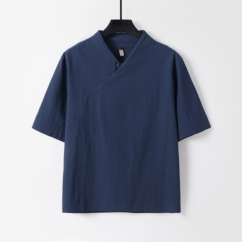 Buddha Stones 夏用シンプルVネック半袖コットンリネンメンズシャツ - スティールブルー - US/UK/AU54、 EU64 (9XL) - image 2