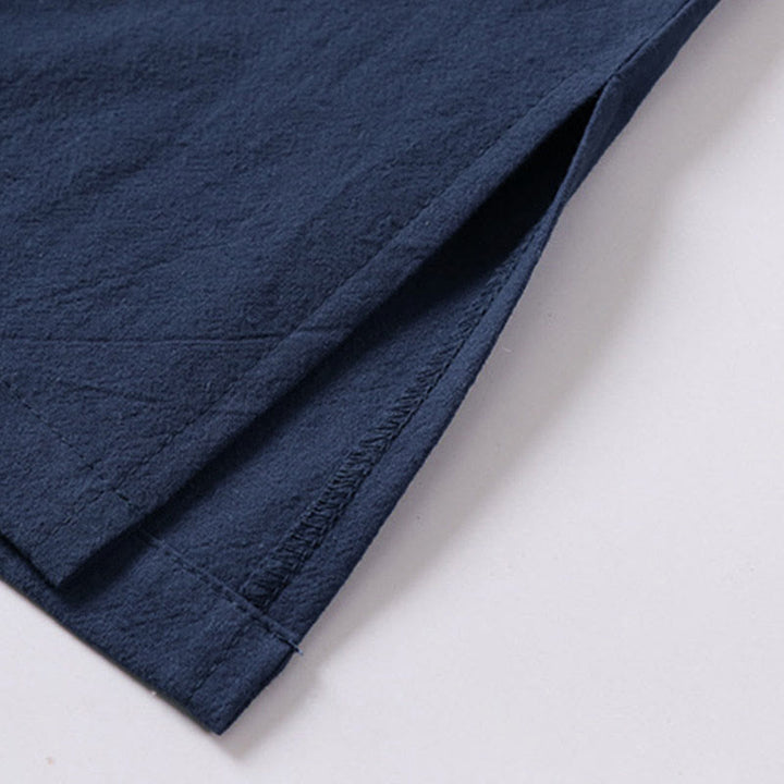 Buddha Stones 夏用シンプルVネック半袖コットンリネンメンズシャツ - image 7